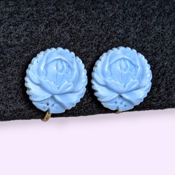 V. Blue Molded Lucite Floral Earrings - Picture 1 of 6